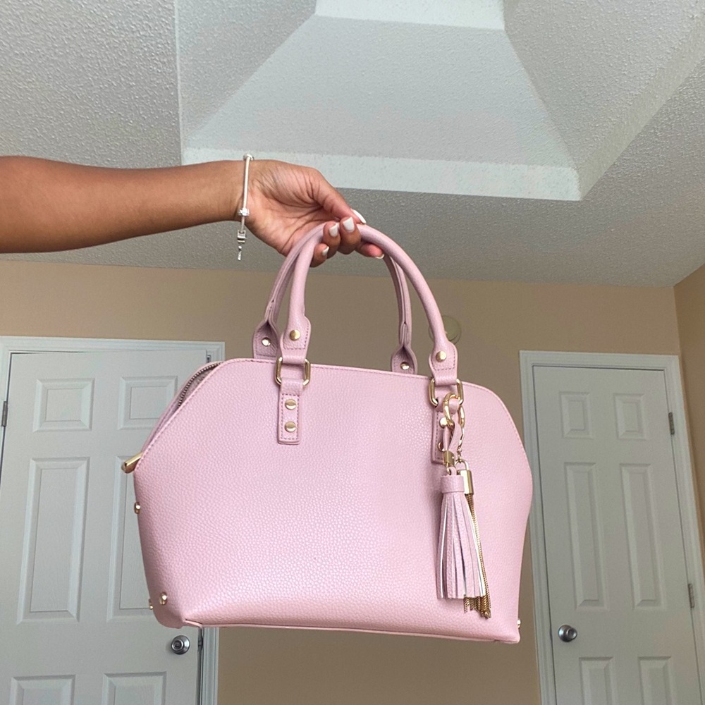 Pink Handbag with Handles, Gold Tassles + Strap